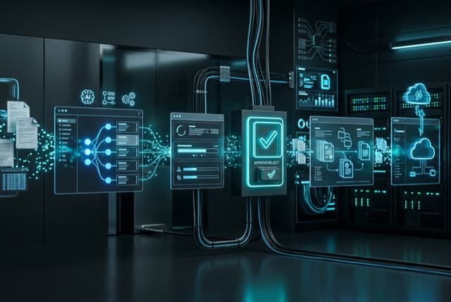Documents and data flowing between connected business systems with a review checkpoint