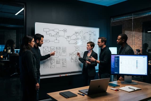 Product team reviewing interface sketches and system diagrams on screen